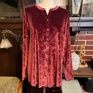 Lands End Floral Embossed Burgundy Velvet Tunic US Size M *NEW*